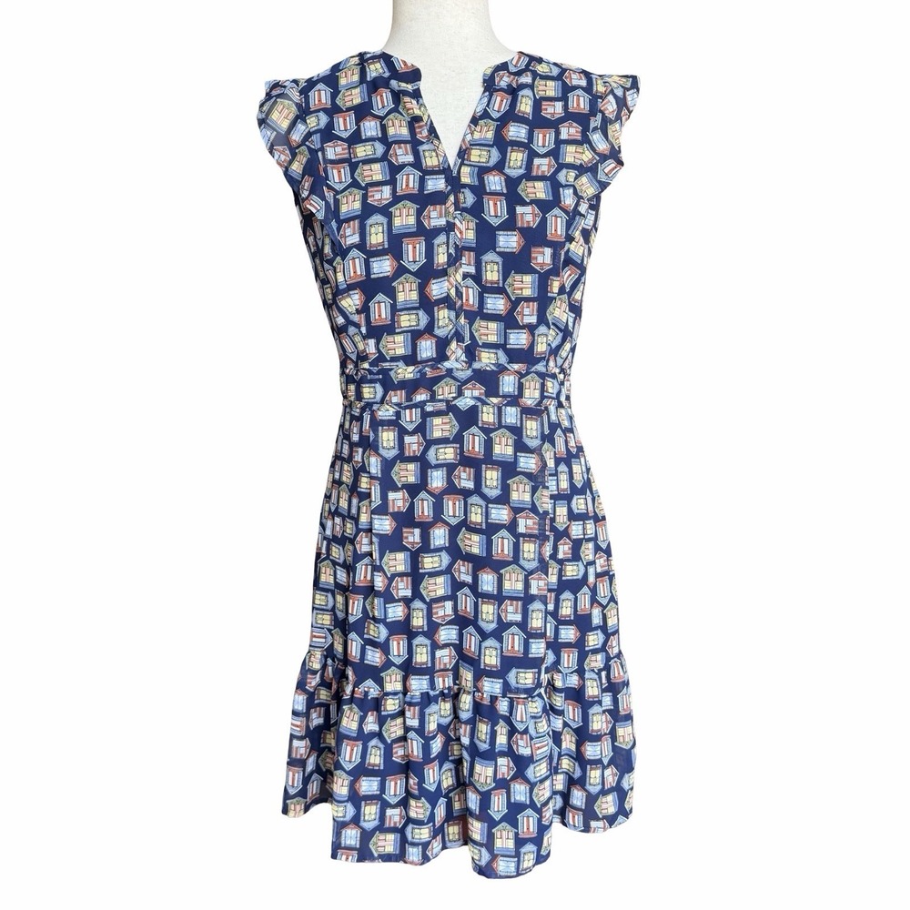 Maison Jules Flounce-Trim Fit & Flare Dress‎ Sz 2 Window Pane Beach Hut Print